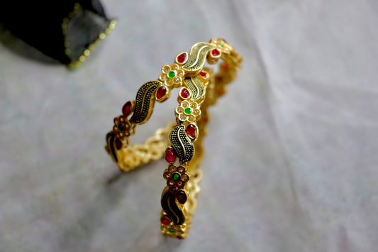 Green and Red Floral Pearl Studded Gold Bangles Set of Two Traditional Indian Ethnic Bangles